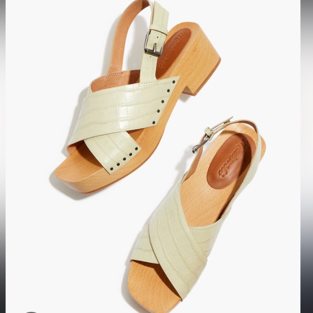 Madewell Farrah Green Cream Slingback Sandals Wooden Clogs Open toe Size 9.5